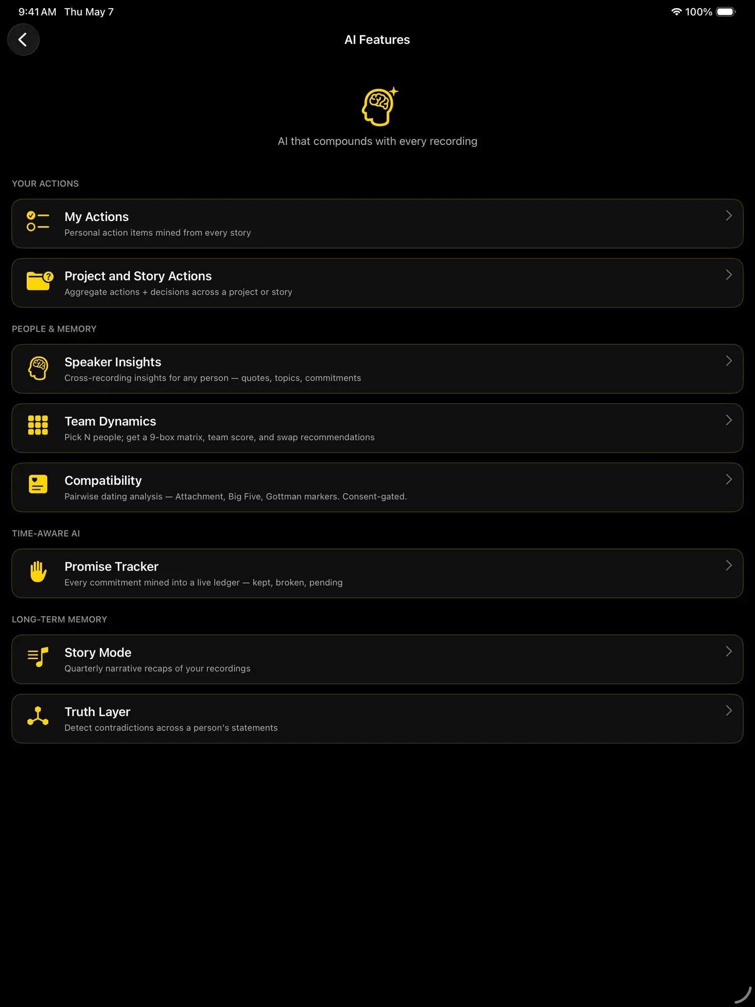 iPad — AI Features hub showing all eighteen Pro AI surfaces full-window.